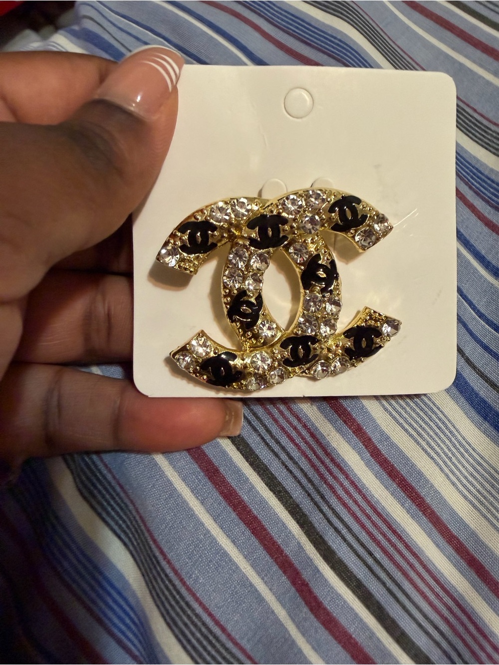 Gold Rhinestone Interlocking Logo Brooch - Black Accents